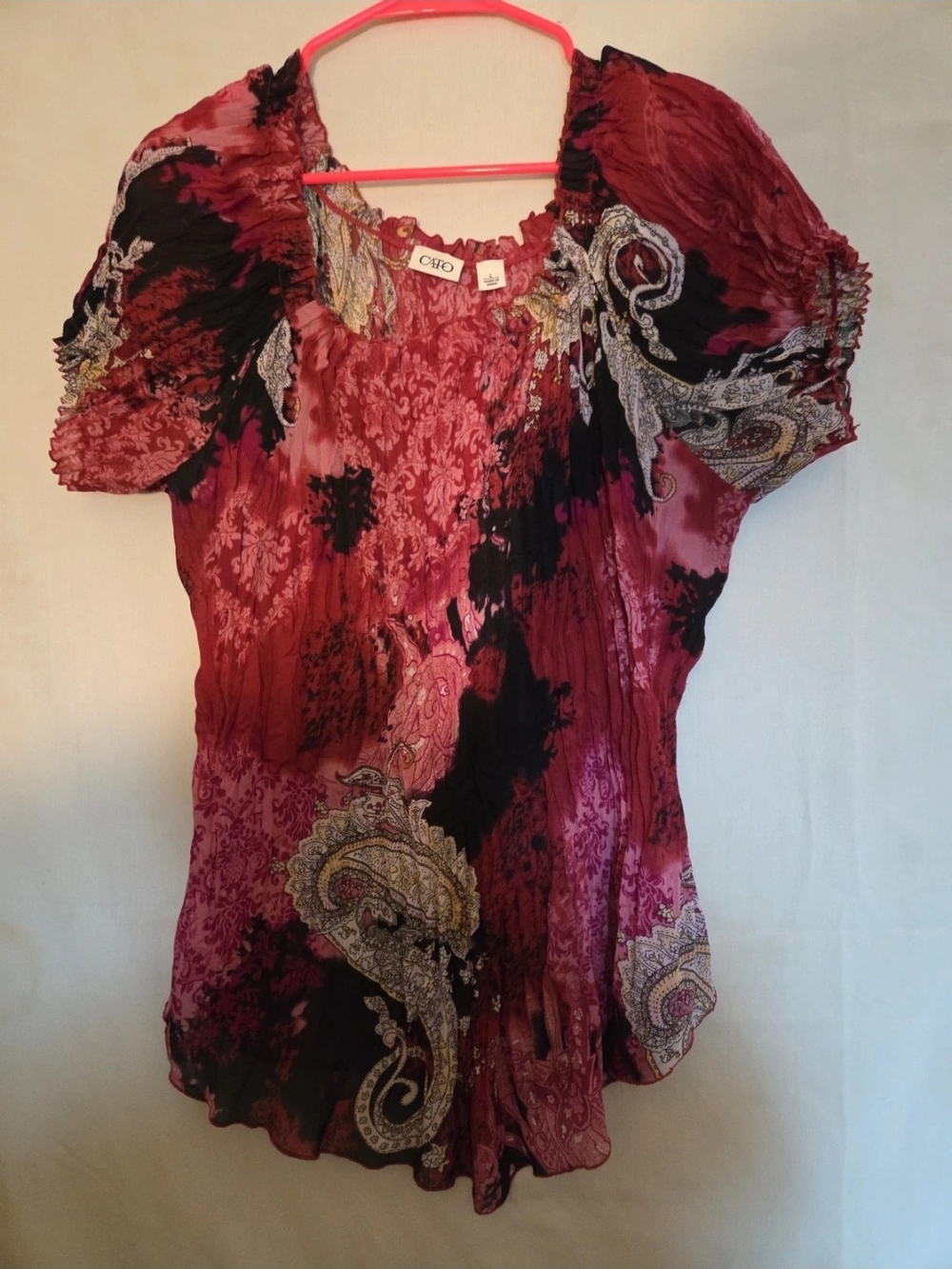 Cato Pink and Black Paisley Short Sleeve Blouse